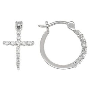 Sterling Silver 925 Pave Set Cross Inlay Huggie Hoop Earrings. NWOT.